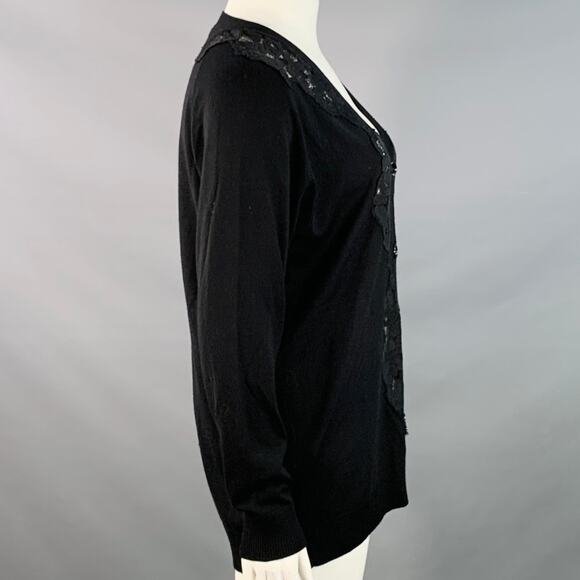CHLOE Size L Black Wool Lace Trim V-Neck Button Up Cardigan - Picture 3 of 7